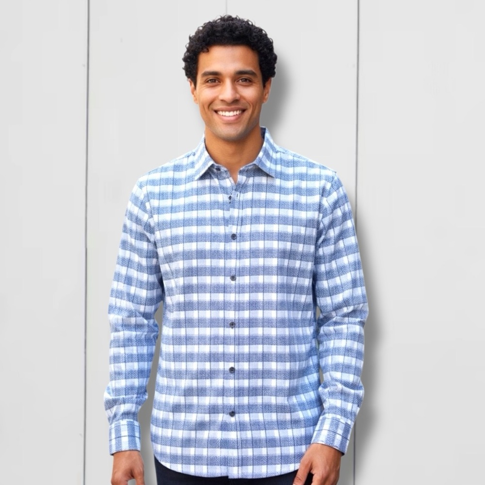 Tasso Elba Men’s Plaid Button-Down Shirt Long Sleeve Blue White Classic Fit